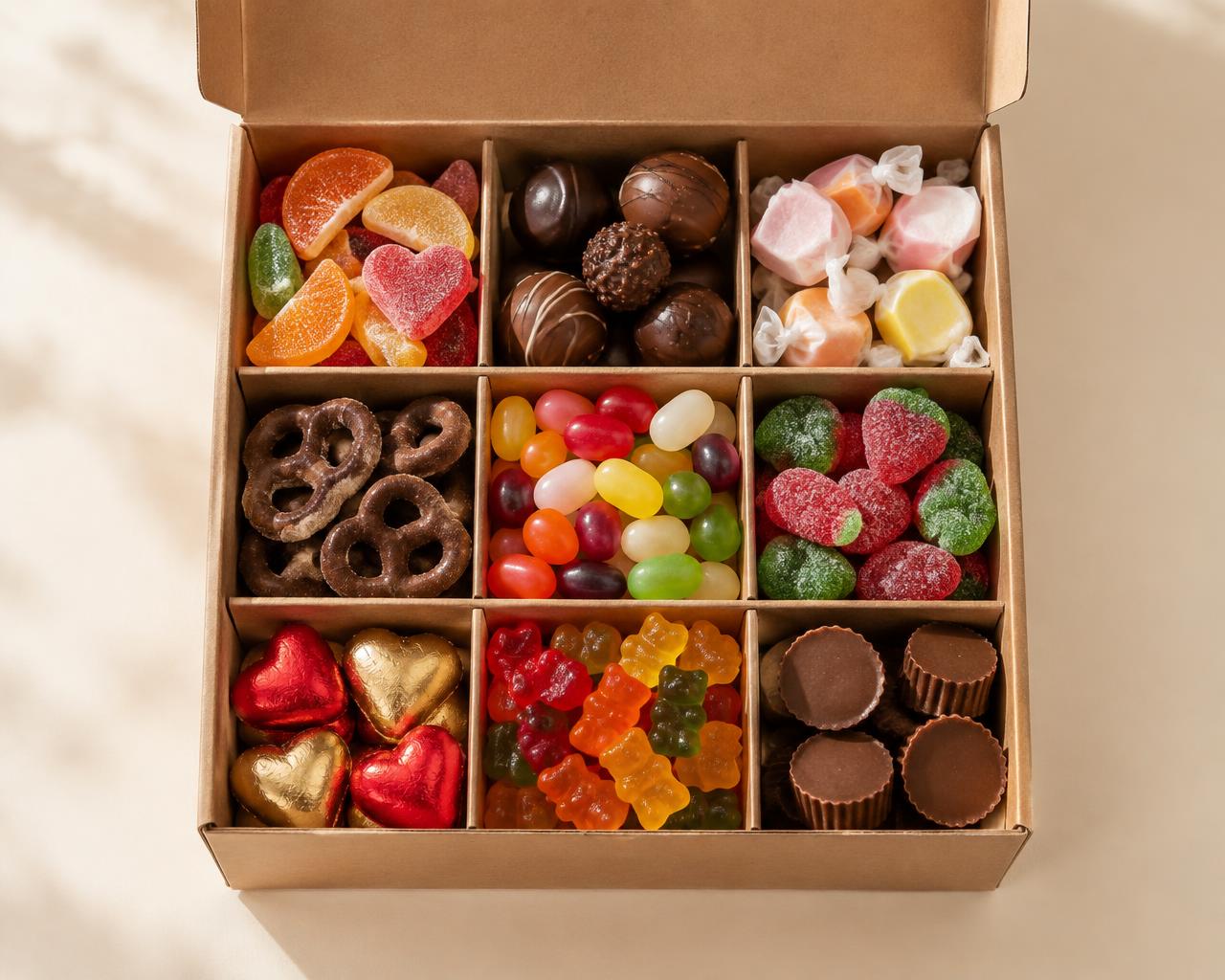 An open box with compartments of mixed sweets